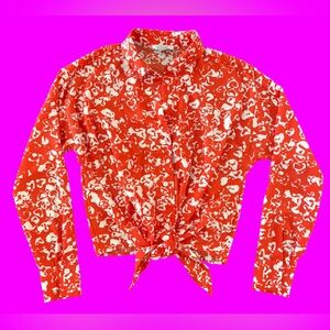 Nine West Orange and White Floral Printed Button-Up Tie Blouse XS